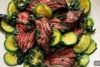 Grilled Bavette Steak with Braised Zucchini and Lemon Gremolata