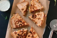 Tomato, Olive & Chickpea Quesadillas with Dill Yogurt Dip