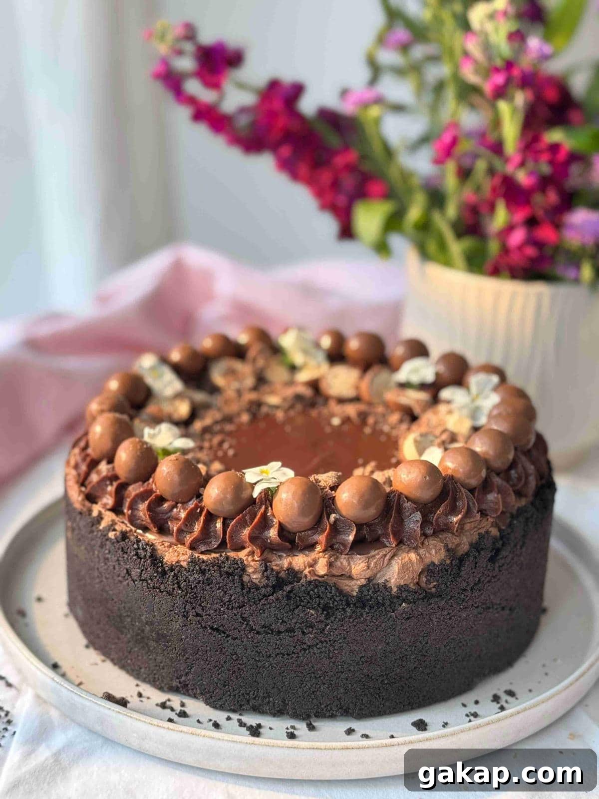 whole no-bake chocolate cheesecake with chocolate decorations.