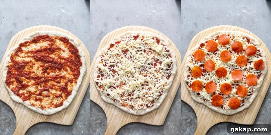 Collage showing a pizza being topped on a pizza peel with sauce, cheese, and pepperoni.