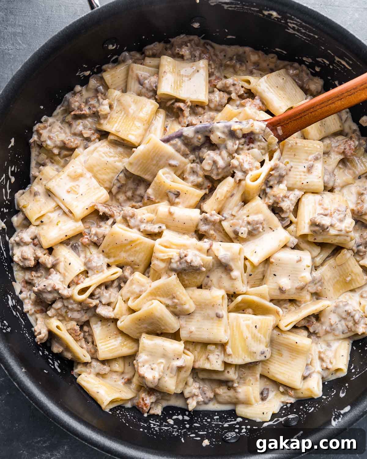 Norcia-Style Sausage Pasta (Pasta alla Norcina) 2 Large black pan with finished pasta alla norcina.