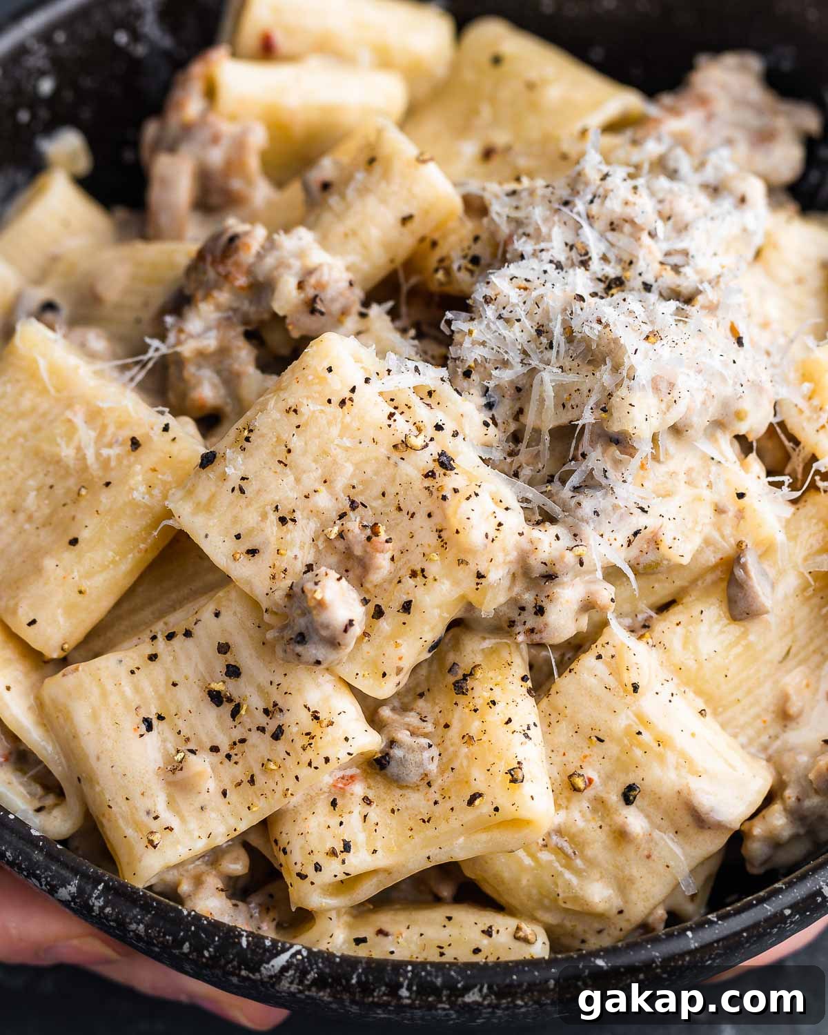 Norcia-Style Sausage Pasta (Pasta alla Norcina) 4 Pasta alla Norcina held in black bowl.