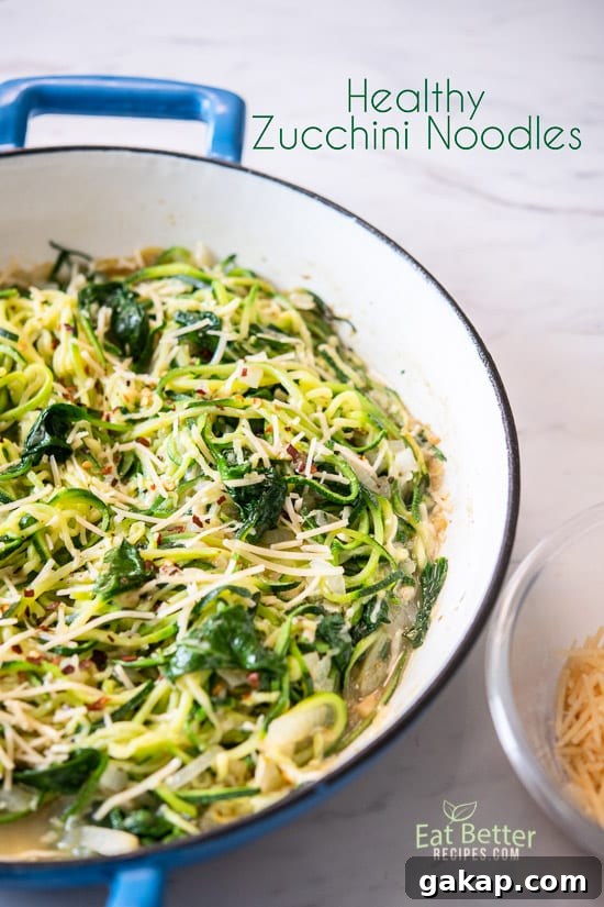 Healthy Zucchini Noodles Recipe with Spinach Parmesan in a pan