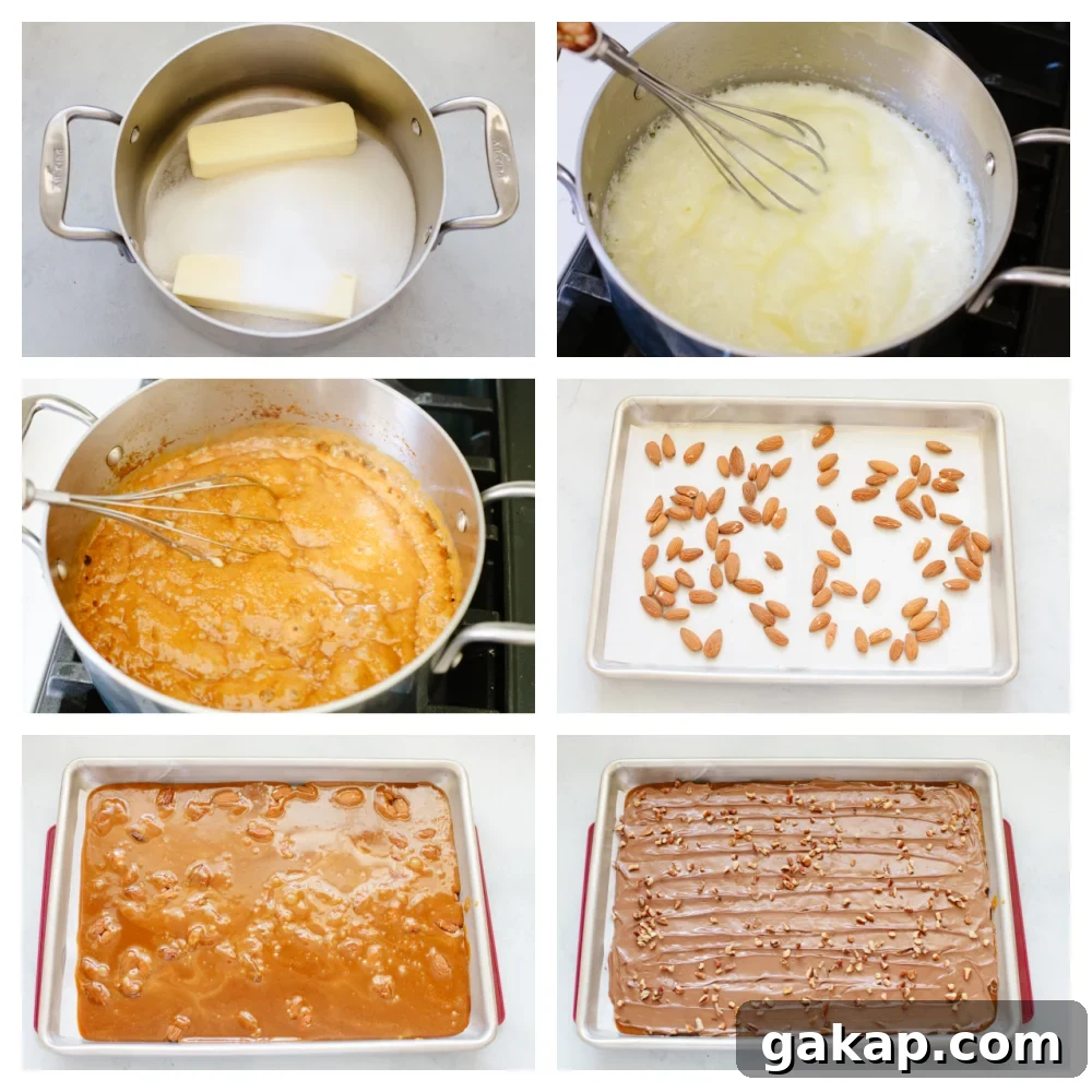 Homemade toffee is super simple with no candy thermometer required! This buttery chocolate treat is a must-make recipe this holiday season! Process shots of preparing mixture and adding to pan.