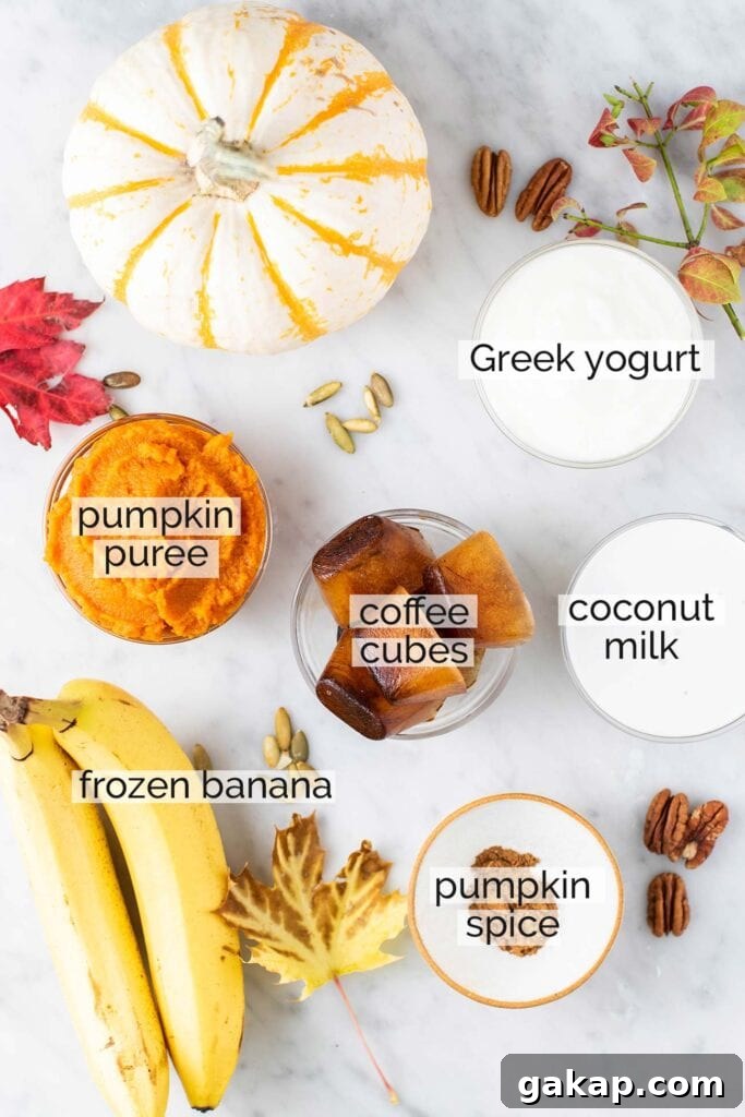 Pumpkin Spice Latte Smoothie Recipe — Fall Coffee Smoothie 3 The ingredients needed to make a pumpkin coffee smoothie.