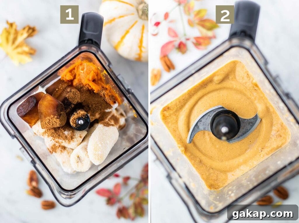 Pumpkin Spice Latte Smoothie Recipe — Fall Coffee Smoothie 4 Step 1 shows adding the pumpkin coffee ingredients to a blender, and step 2 shows blending to a creamy consistency.