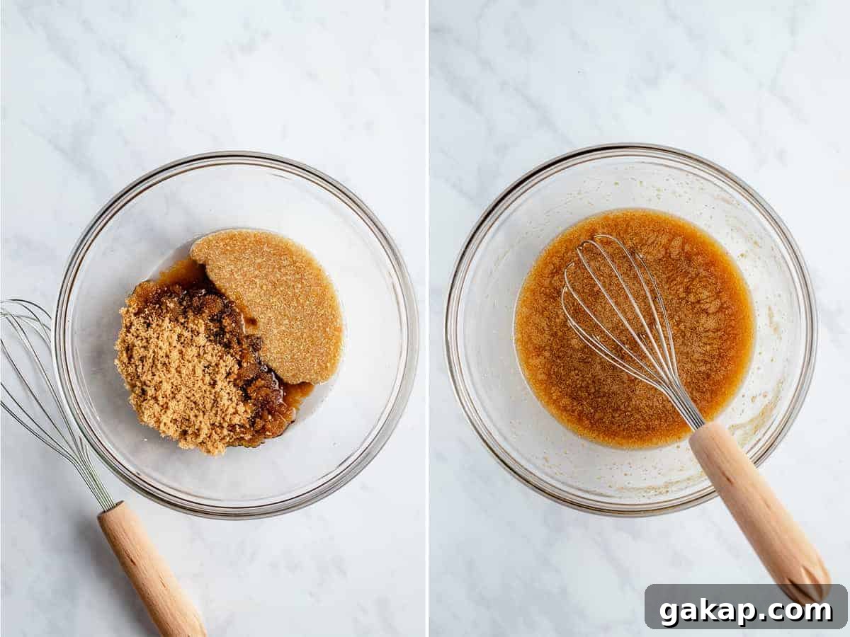 Brown sugar and oil in a bowl whisk step by step photo showing it mixed in