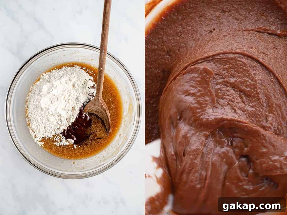 step by step photos showing mixing of brownie ingredients