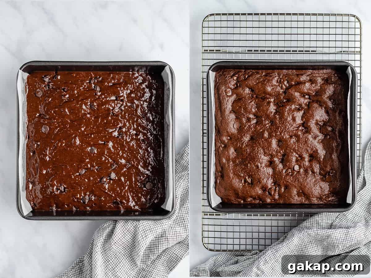 step by step photos showing unbaked brownie batter and baked brownies