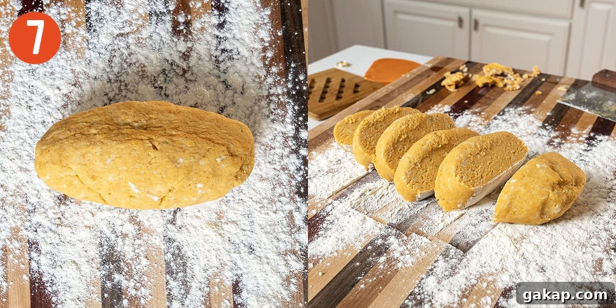 Homemade Pumpkin Gnocchi Recipe with Sage Butter 9 Dough rolled into a log and chopped into disks.