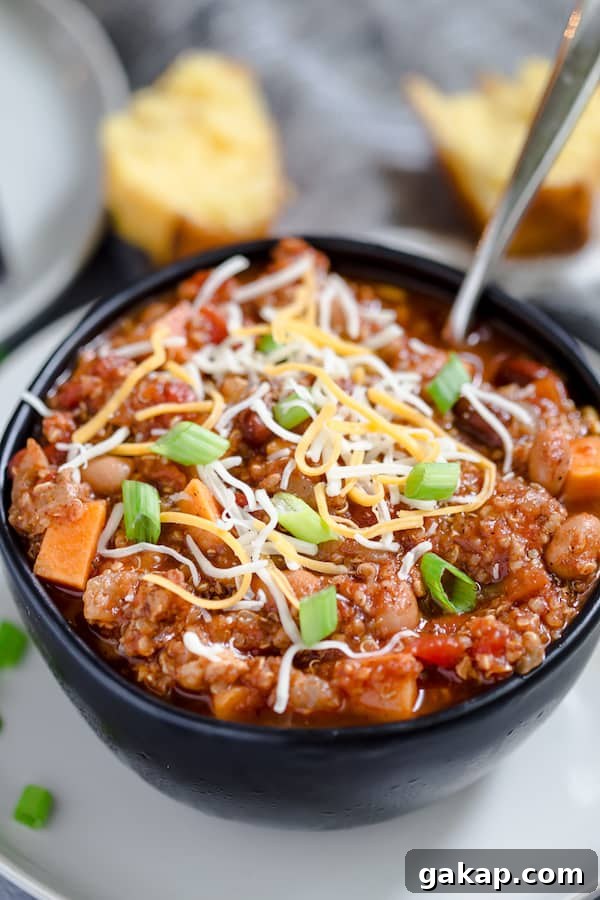 Instant Pot Turkey and Quinoa Chili Recipe 3 Instant Pot Turkey Quinoa Chili Closeup on the Bowl Full of Hot Delicious Dish