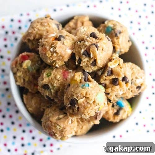 monster cookie dough balls in bowl close up from overhead