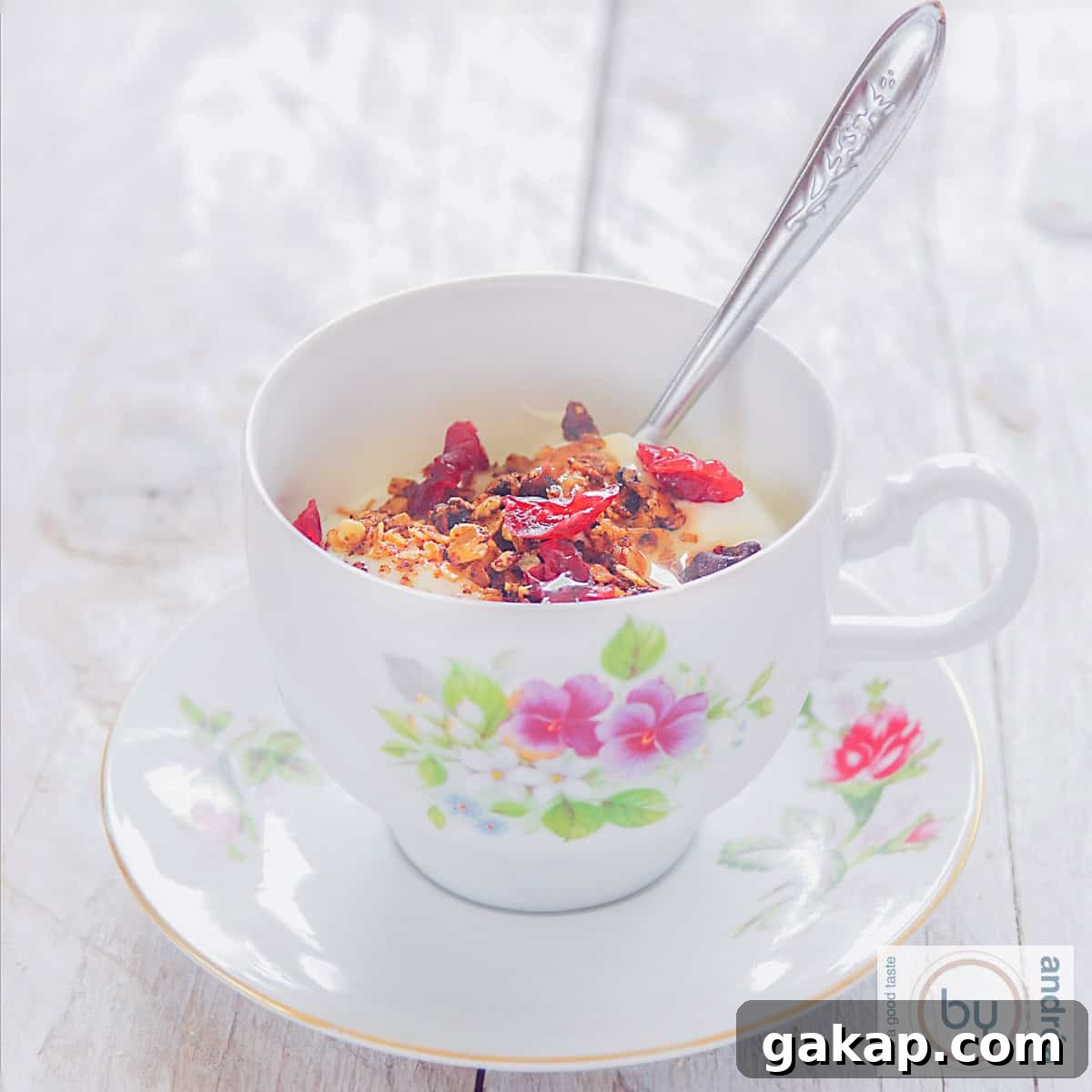 A square picture a cup and plate filled with muesli, pecans, yogurt and cranberries. A white background.
