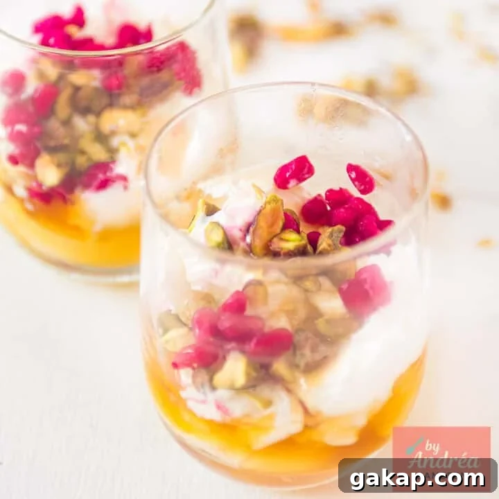 A square photo with two glasses positioned diagonally behind each other with Creamy strained yogurt with honey, pistachio, and pomegranate.