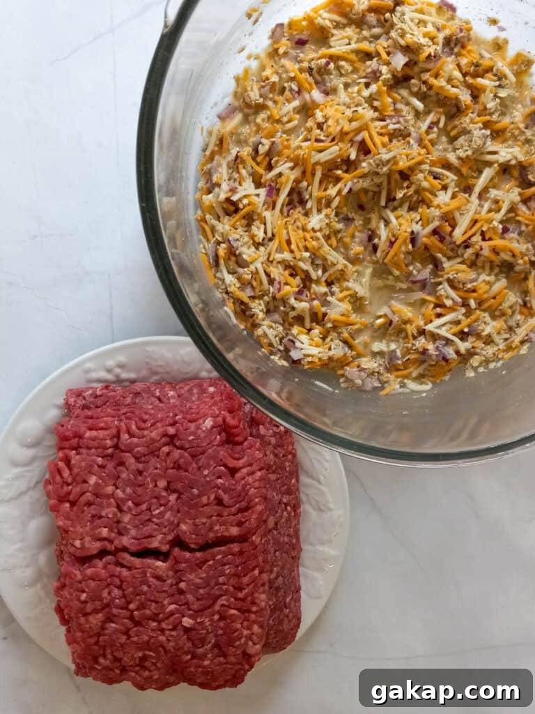 beef on a plate and the remaining ingredients in a bowl -ready to be mixed