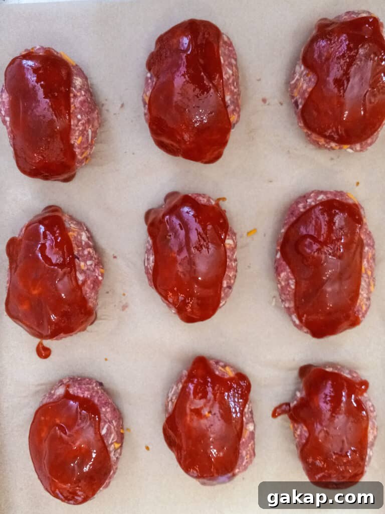 9 cheddar meat loaves with glaze ready to bake