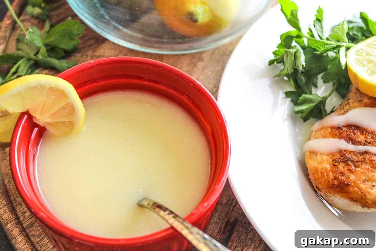 Quick Lemon Butter Sauce in 5 Minutes for Fish & Pasta 4 Red ramekin of lemon sauce next to plate of chicken with a drizzle of sauce