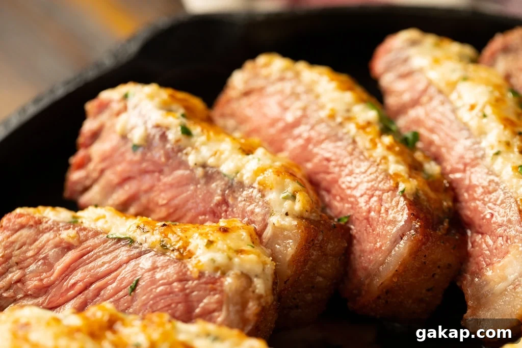 Sliced parmesan crusted steak in a cast iron skillet.