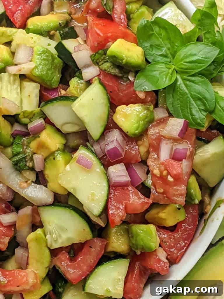 Delicious side salad packed with fresh cucumbers, tomatoes, avocado, basil, and more! Paleo, Whole30, and Vegan friendly as well as dairy-free, gluten-free, and sugar-free. Easy, satisfying, and only 8 ingredients. 