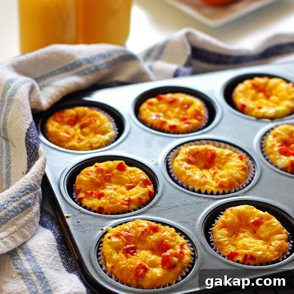 Egg Muffins in a muffin tin and glasses of orange juice in the background.
