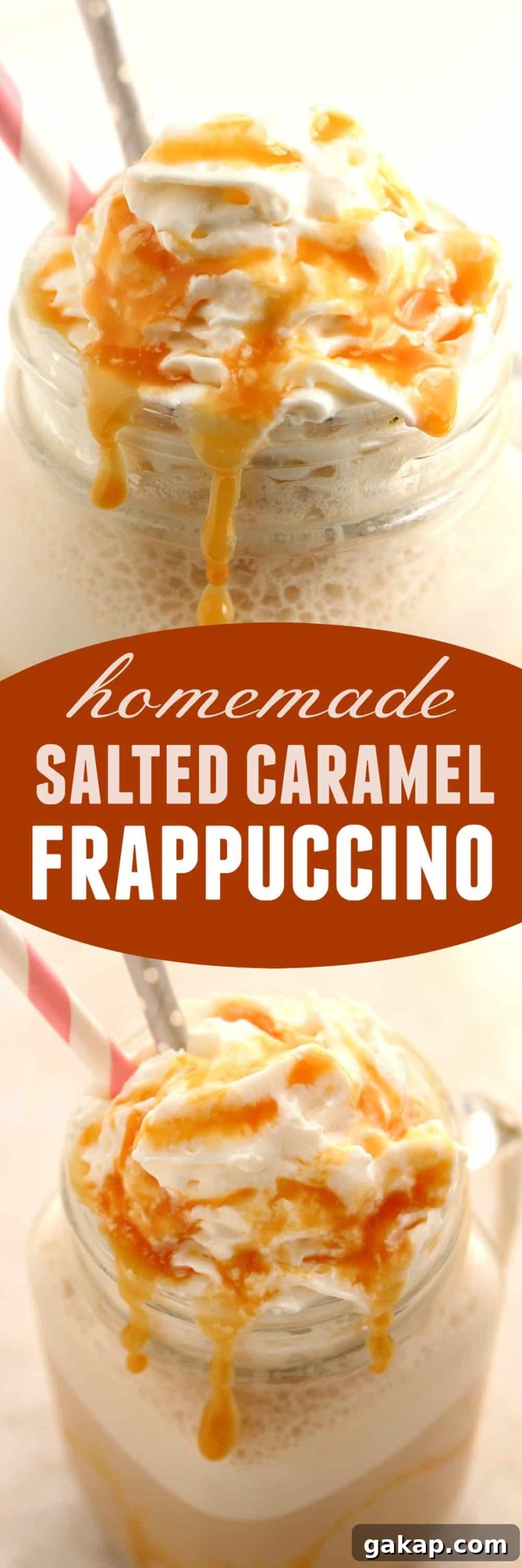 Homemade Salted Caramel Frappuccino Recipe - my favorite coffee shop drink in it's lighter, homemade version. So easy and absolutely delicious! 