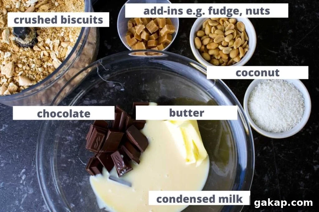 Image of labelled ingredients needed for Hedgehog slice: crushed biscuits, fudge and nuts, coconut, chocolate, butter, condensed milk