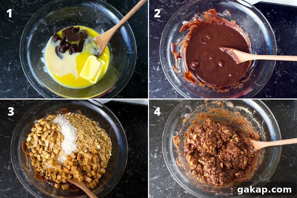 Collage of 4 images showing how to melt the ingredients together to make Hedgehog slice