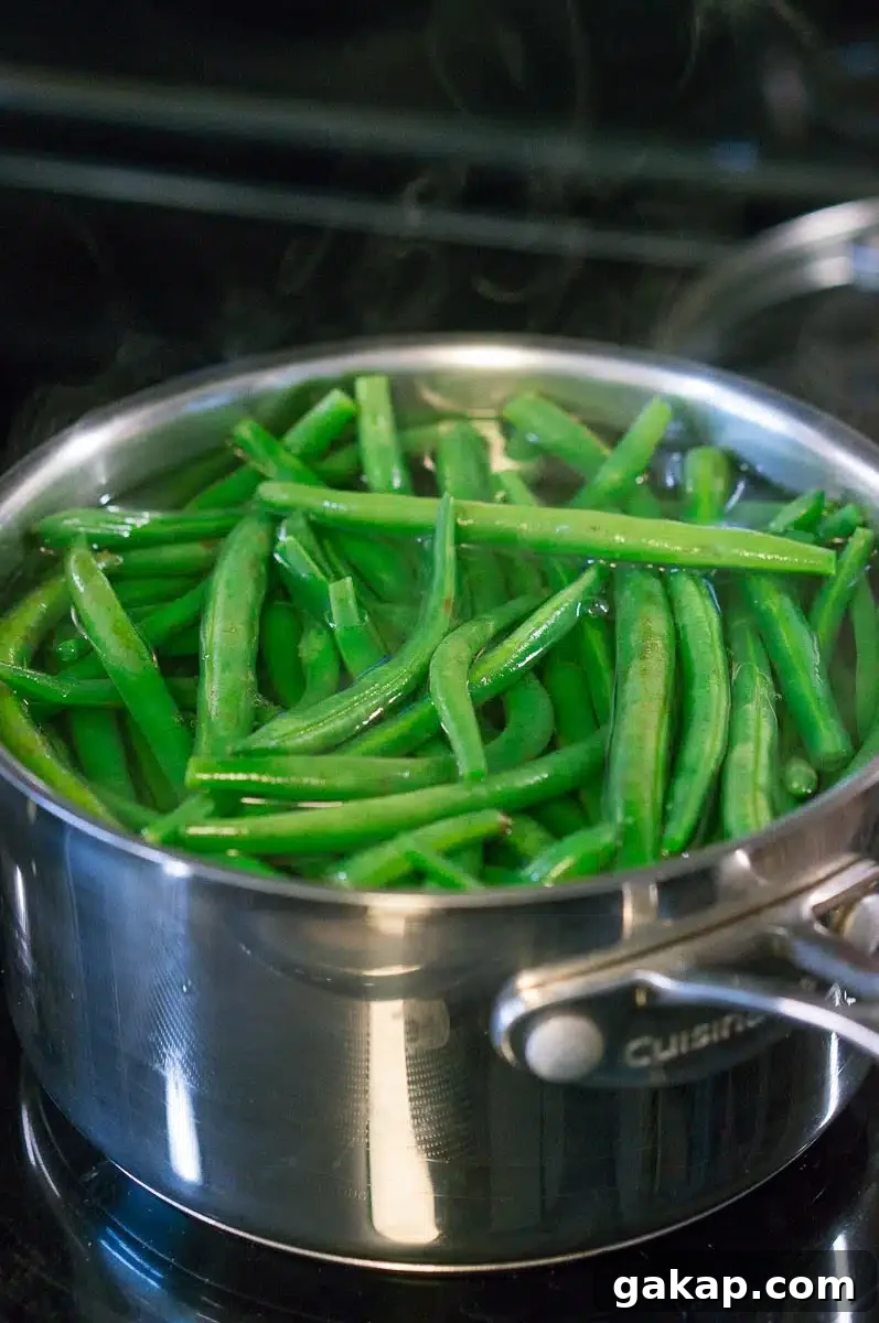 blanching green beans in boiling water
