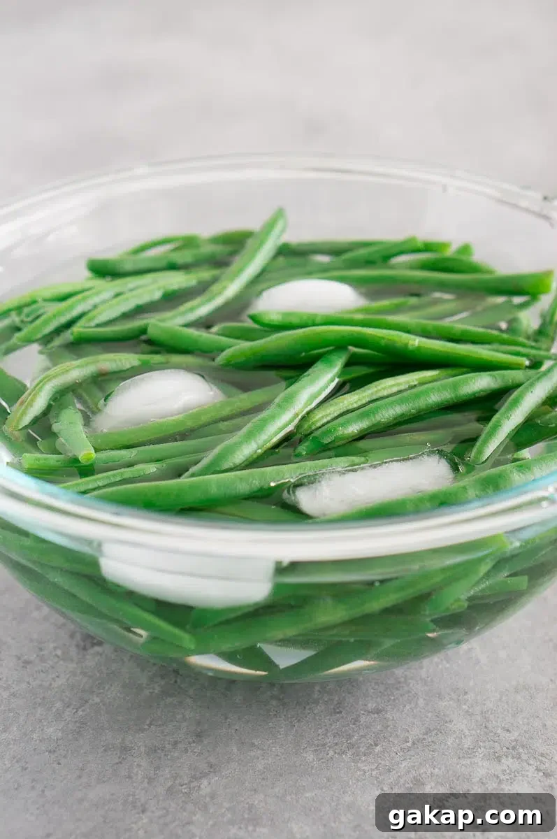 shocking blanched green beans in ice cold water