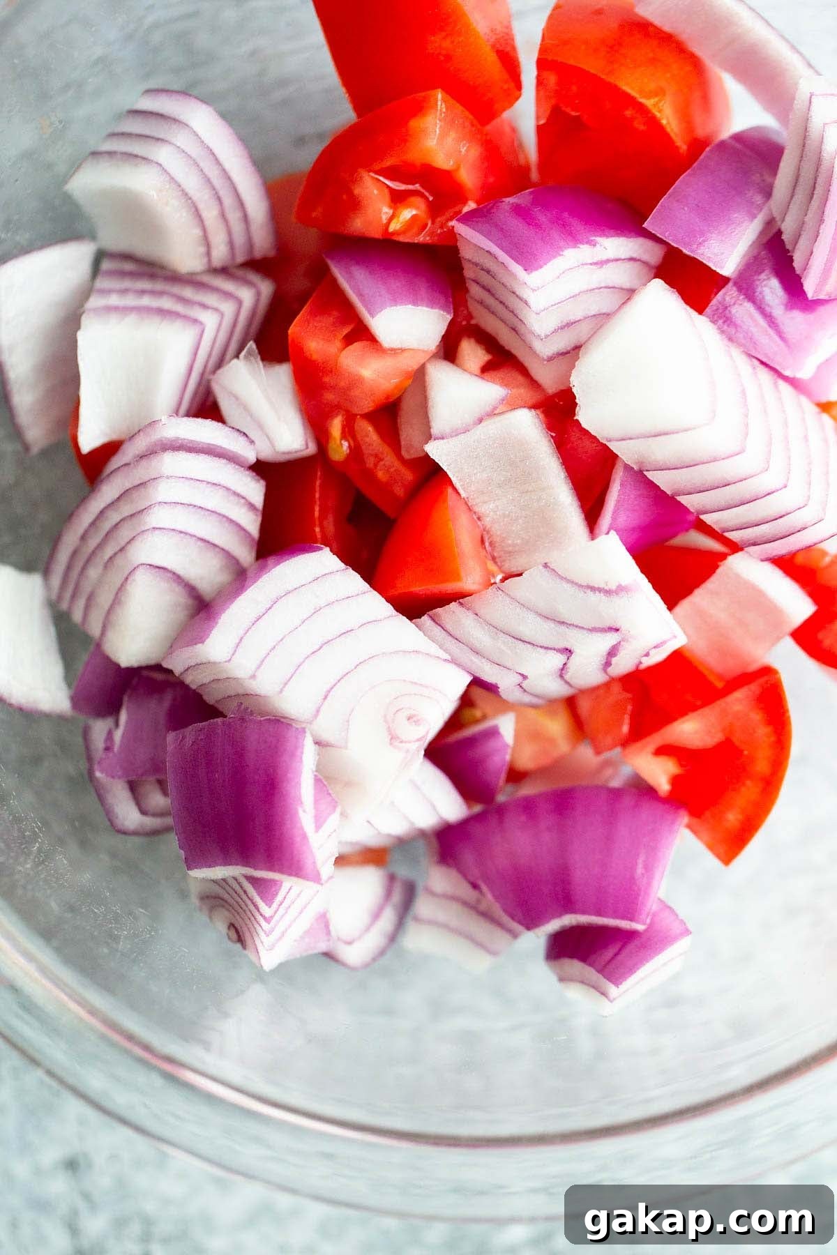 Tomatoes and onions in a bowl.