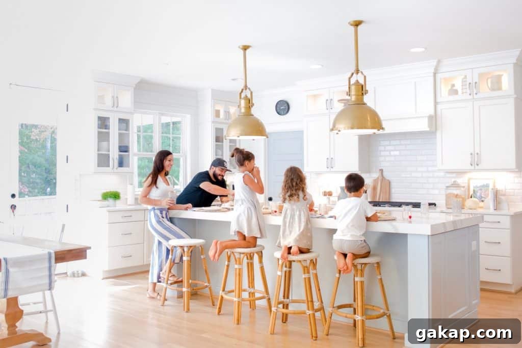 family hanging out around kid friendly counter stools