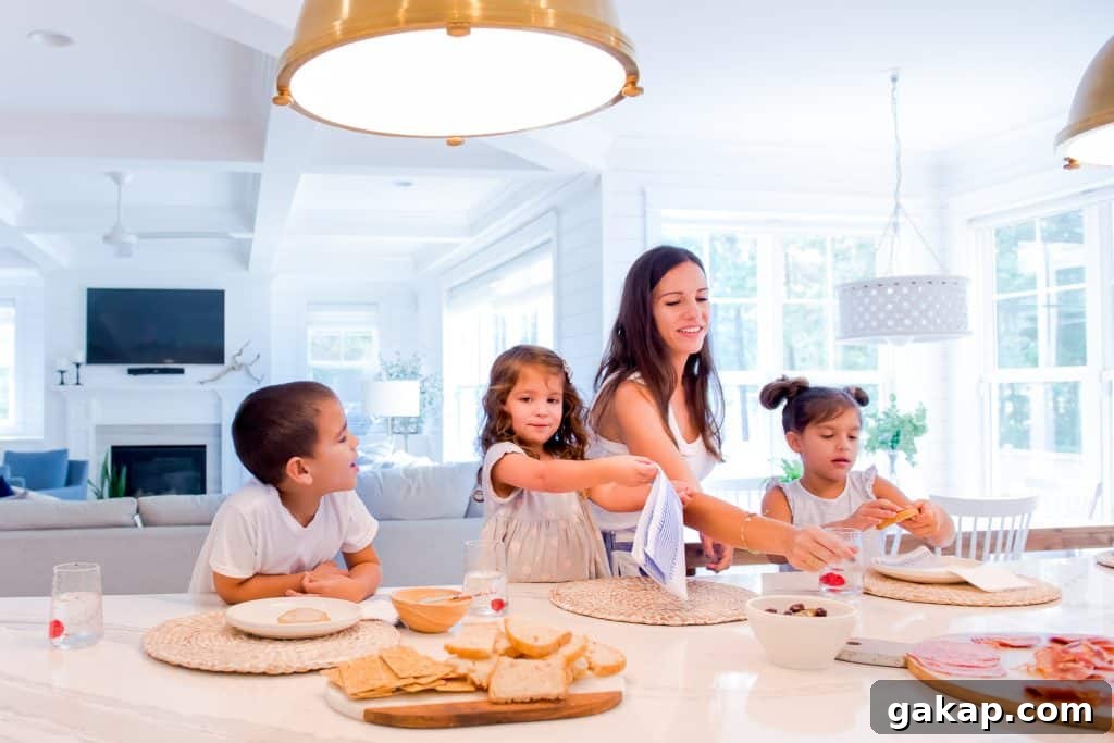 kids and a mom at kitchen island