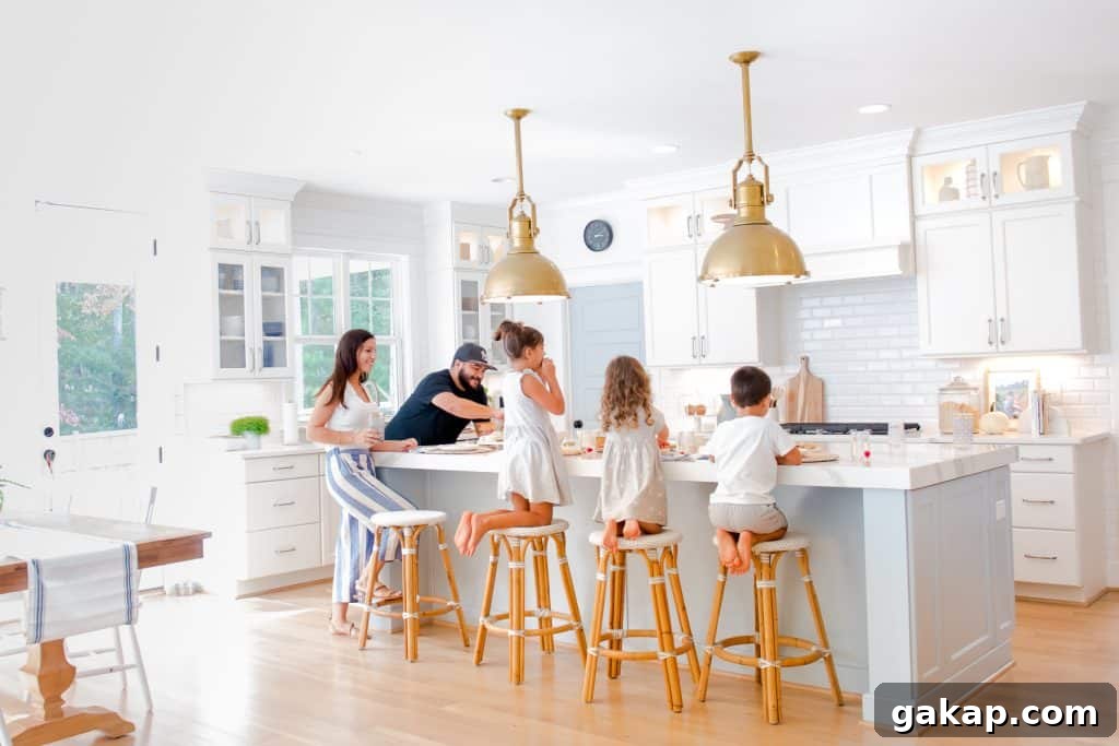 family gathered around kitchen island with 4 kid friendly counter stools