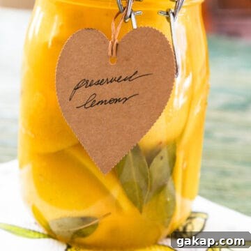 A large clamp jar of Preserved Lemons with a brown craft paper tag that says Preserved Lemons.