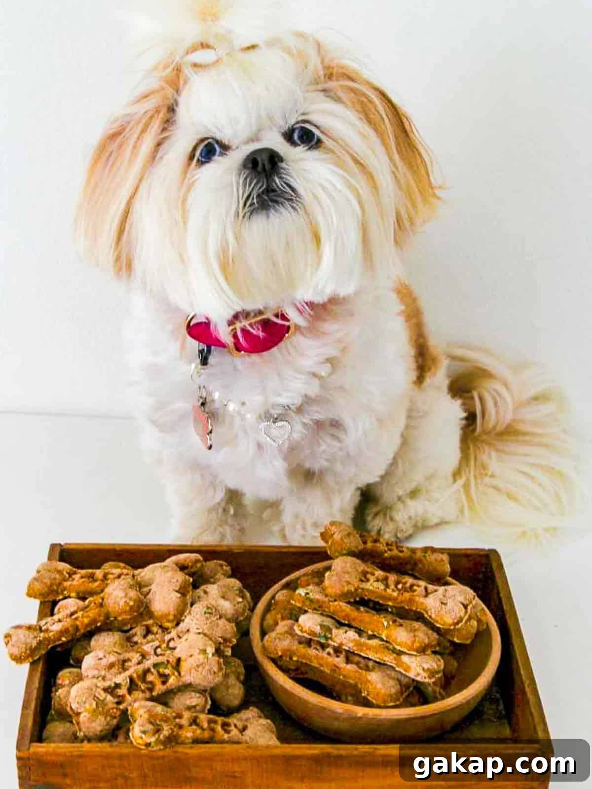 White Shih Tzu dog with a large box of homemade dog treats.