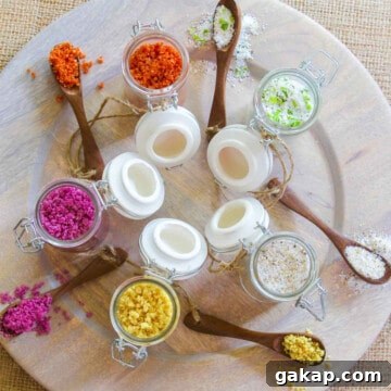 A wood platter with 5 seasoning jars open filled with flavored finishing salts.