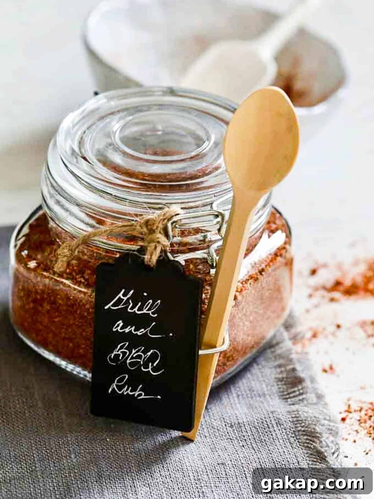 A small glass clamp jar filled with Grill and BBQ rub mix and a black tag and wood spoon wrapped as a gift.