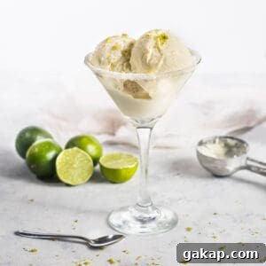 No-Churn Margarita Ice Cream: Creamy Lime & Tequila Recipe 13 A close up of margarita ice cream scoops in a glass with limes around it.