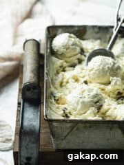 A shot of a loaf tin filled with no-churn rum and raisins gelato with ice cream scoop.