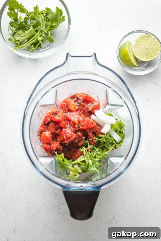 Blender with salsa ingredients, unmixed.