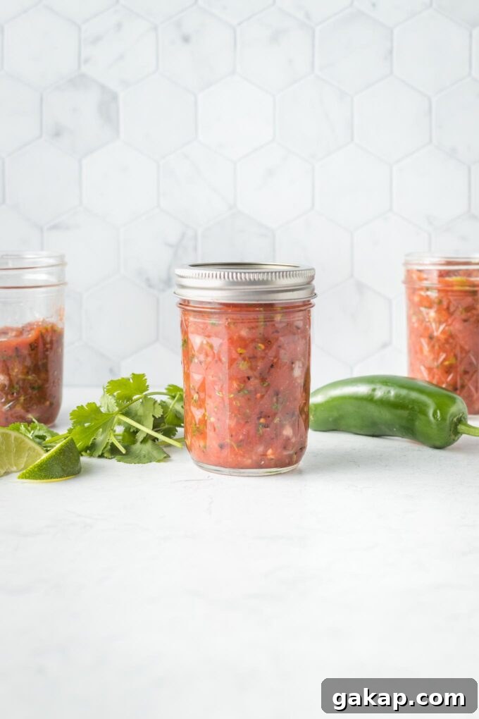 Three jars of blender salsa, ready to store.