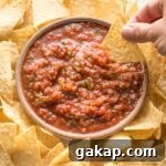 A chip being dipped into a bowl of restaurant-style blender salsa, surrounded by chips.