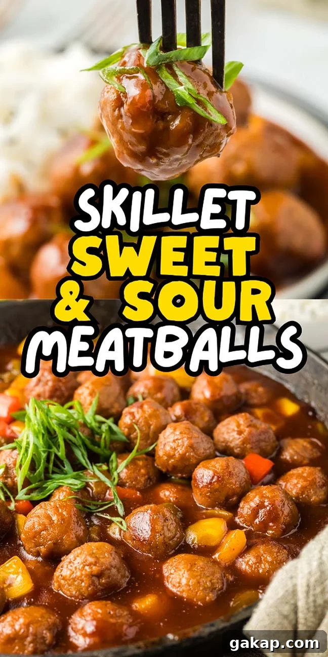 A fork holds a glazed meatball garnished with green onions above a skillet filled with sweet and sour meatballs and vegetables. The words "Skillet Sweet & Sour Meatballs" elegantly overlay the mouthwatering image.