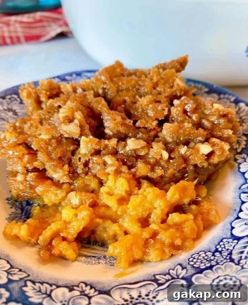Southern Sweet Potato Casserole with Pecan Streusel 11 Serving of Sweet Potato Casserole on Blue Transferware plate.