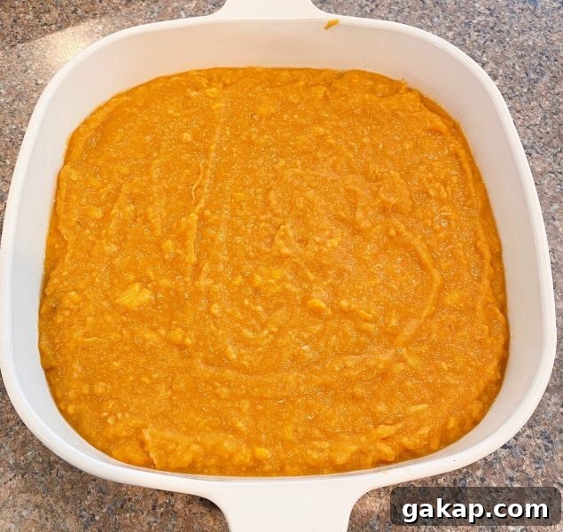 Southern Sweet Potato Casserole with Pecan Streusel 5 Sweet Potato casserole base mixed and poured into a greased casserole.