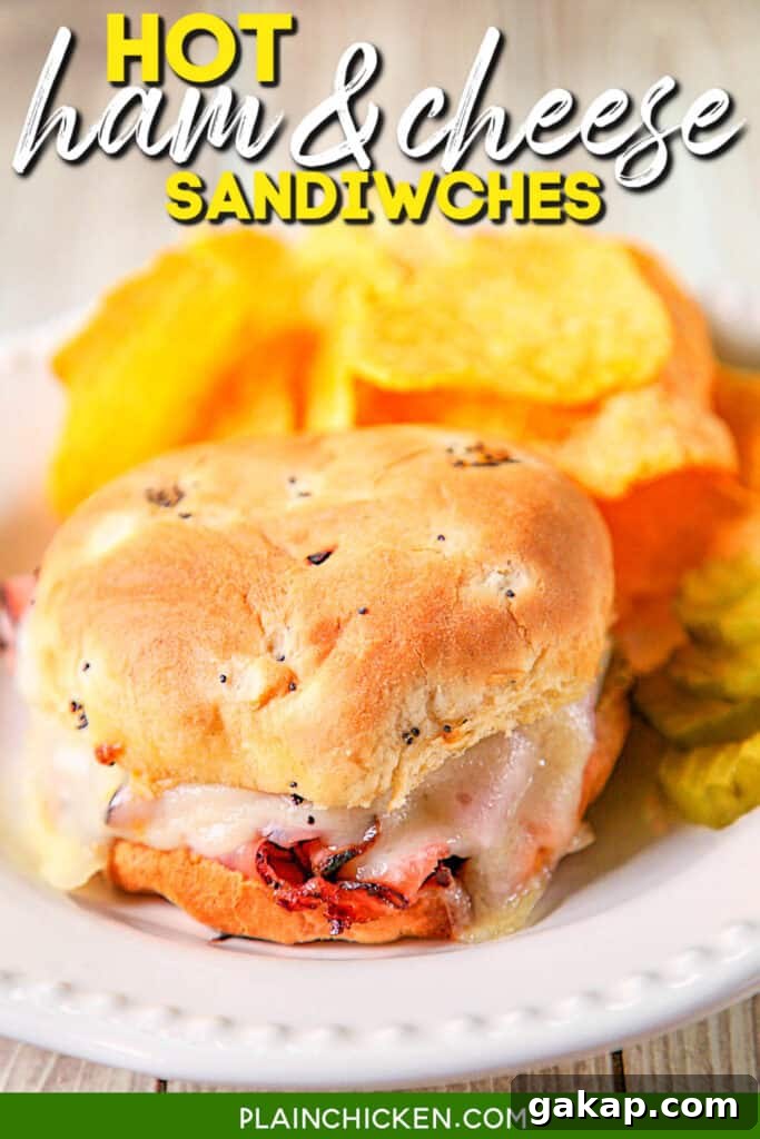 Melted Ham and Cheese Sandwiches: Quick Oven & Skillet Recipes 2 baked ham & cheese sandwich on a plate with chips