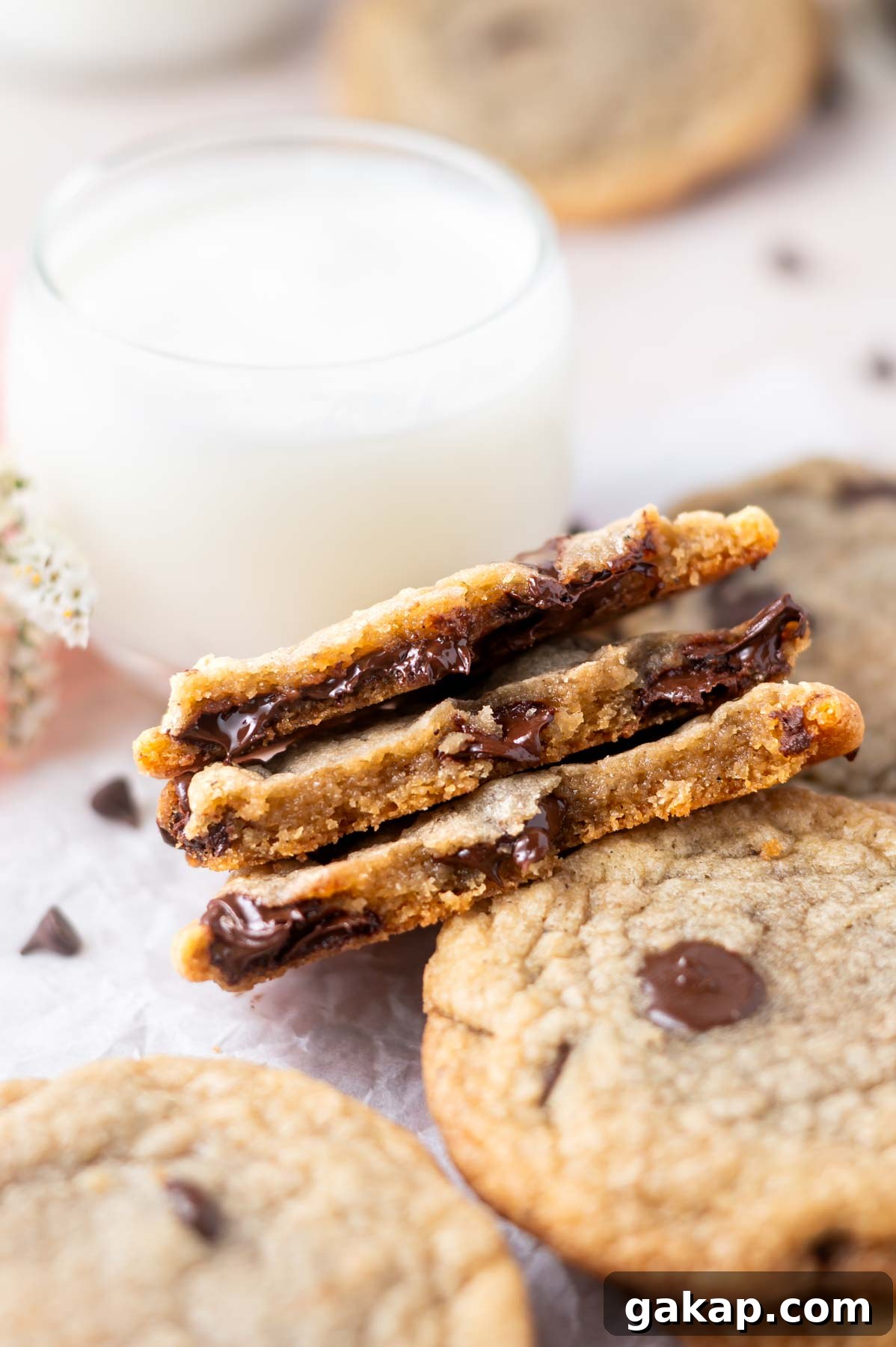 Crispy Thin Chocolate Chip Cookies: Crunchy, Perfectly Baked 2 crispy chocolate chip cookies broken in half showing melty chips and chewy inside texture
