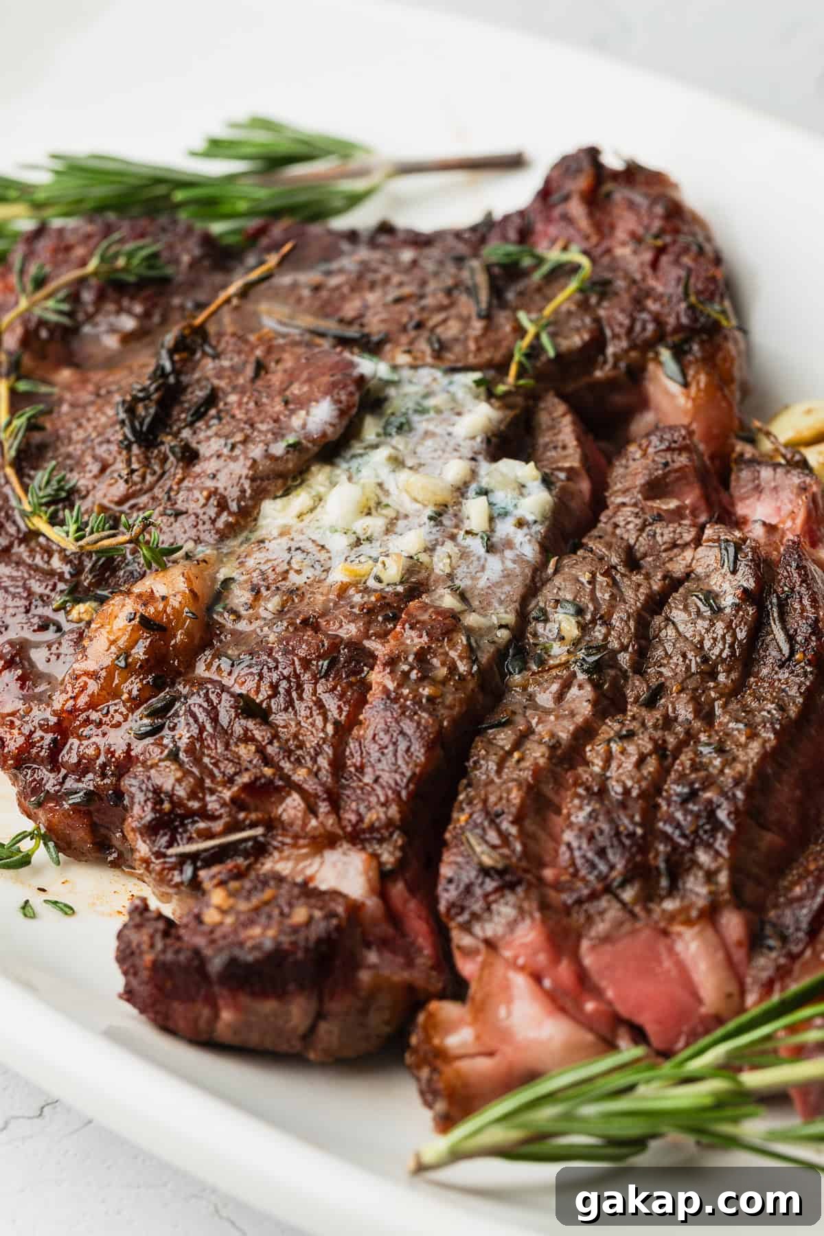 The cooked steak sliced.