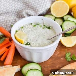 bowl of lemon herb tahini with vegetables on wooden board.