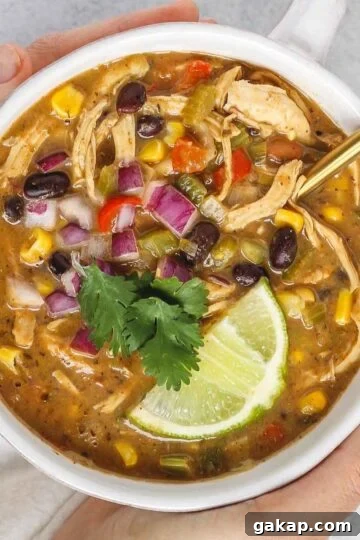 Hands holding a bowl of chicken chili topped with fresh cilantro and a lime wedge.